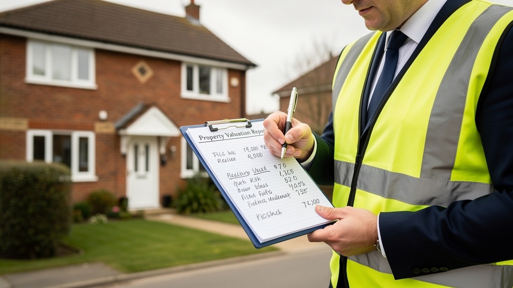 Surveyor making notes on a property valuation assessment with house in background