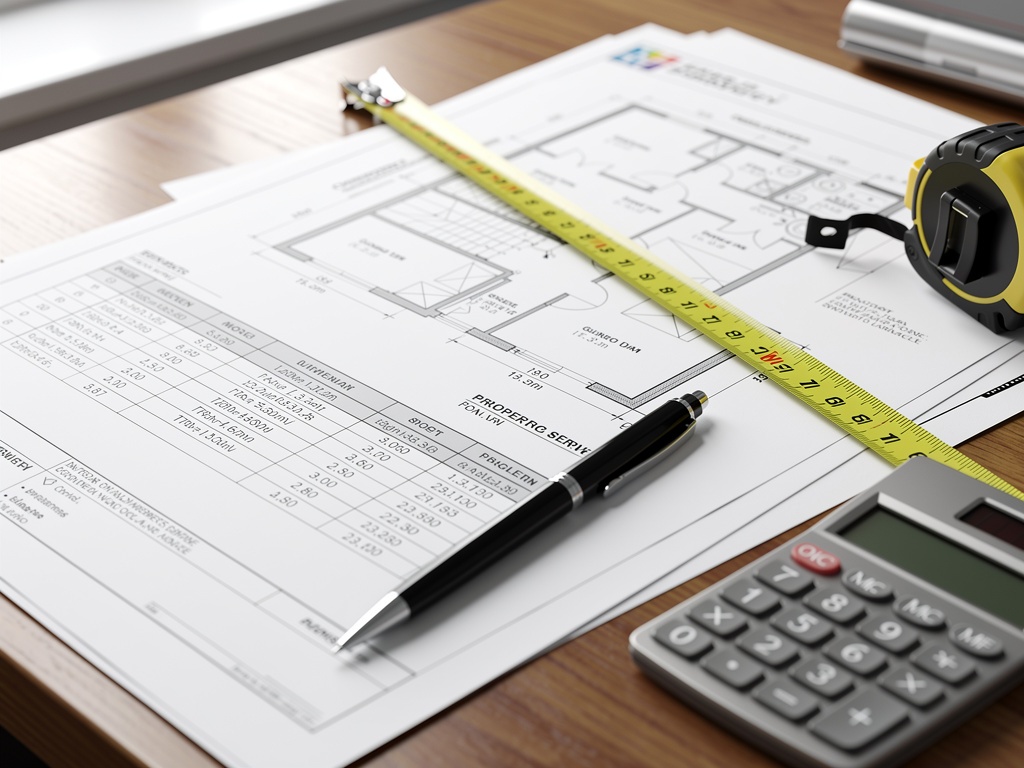 Professional property survey report documents and floor plans on a surveyor's desk